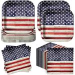 Funnymoom 100 Pcs Retro Patriotic Independence Day Party Supplies Stars and Stripes 7 Inches Disposable Paper Plates and 13 Inches Napkins for 4th of July American Memorial Day Decorations, Serves 50