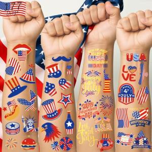 4th of July Tattoos Decorations - 177Pcs Fourth of July Tattoo Temporary for Kids, USA American Flag Patriotic Stickers, Red White and Blue Independence/Memorial/Labor Day Accessories Party Supplies
