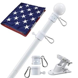 House Flag Pole With American Flag - Flagpoles Residential Kit with 5ft Tangle Free Metal Flag Pole,3x5 Embroidered US Flag,Holder Bracket,Heavy Duty Flag Poles for Outside House,Porch,Outdoor-White