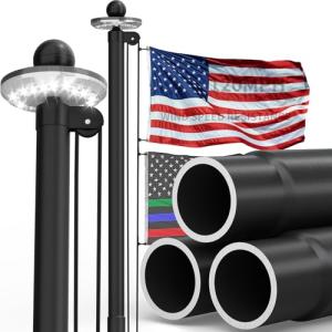 KBLOONG 25FT Black 11‑Gauge Heavy Duty Aluminum Flagpole Kit with Solar Light, 3x5 Embroidered Nylon USA Banner,Outside House In‑Ground, 120MPH Wind Rated