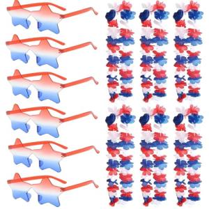 YosiMing Patriotic Red White and Blue Flower Leis and Star Sunglasses for 4th of July,Flower Necklace Party Decorations 12PCS
