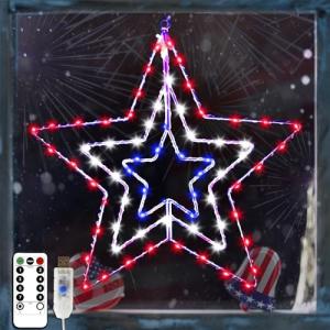 4th of July Patriotic Decorations, Red White and Blue Memorial Day Decor Star Lights, Timer 14.2In Iron Frame 70Led Fairy Star Lights, 8 Mode with Remote Window Wall Silhouette for Home