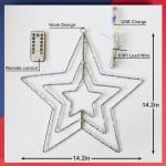 4th of July Patriotic Decorations, Red White and Blue Memorial Day Decor Star Lights, Timer 14.2In Iron Frame 70Led Fairy Star Lights, 8 Mode with Remote Window Wall Silhouette for Home