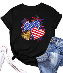 VVNTY American Flag Heart Shirt Women Patriotic T-Shirt 4th of July Graphic Tees Shirts USA Flag Star Stripe Tops