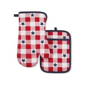 MARTHA STEWART Americana Star Gihgham Oven Mitt & Pot Holder Set, 100% Cotton, Heat Resistant, Patriotic USA America Decor, Red/White/Blue, 7"x13" & 7"x10"