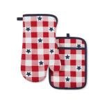 MARTHA STEWART Americana Star Gihgham Oven Mitt & Pot Holder Set, 100% Cotton, Heat Resistant, Patriotic USA America Decor, Red/White/Blue, 7"x13" & 7"x10"