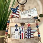 COCHIE 4th of July Decorations Set, Red White Blue Decor, Wooden Patriotic Memorial Day Tiered Tray Decor, Labor Day Decorations, Fourth of July Decoration for Home Office Table (Flag Printed)
