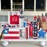 COCHIE 4th of July Decorations Set, Red White Blue Decor, Wooden Patriotic Memorial Day Tiered Tray Decor, Labor Day Decorations, Fourth of July Decoration for Home Office Table (Flag Printed)