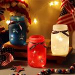 Domensi 4th of July Patriotic Table Decoration Set Rustic Mason Jar Tea Light Candle Holders with String Lights for Independence Day Centerpiece Transparent Mason Jars Labor Day Supplies