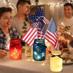 Domensi 4th of July Patriotic Table Decoration Set Rustic Mason Jar Tea Light Candle Holders with String Lights for Independence Day Centerpiece Transparent Mason Jars Labor Day Supplies