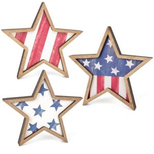 COCHIE 4th of July Decorations Wooden Stars, Patriotic Memorial Day Star Tiered Tray Decor Set of 3, Fourth of July Red White Blue Decoration for Home Office Table Shelf (Flag Retro)
