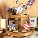 COCHIE 4th of July Decorations Wooden Stars, Patriotic Memorial Day Star Tiered Tray Decor Set of 3, Fourth of July Red White Blue Decoration for Home Office Table Shelf (Flag Retro)