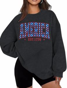 American Oversized Sweatshirt Women USA Shirt Patriotic Tshirt Casual Long Sleeve Pullover 4th of July Tee Tops Grey