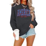 American Oversized Sweatshirt Women USA Shirt Patriotic Tshirt Casual Long Sleeve Pullover 4th of July Tee Tops Grey