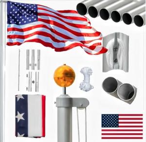 VINGLI Upgraded 20FT Sectional Aluminum Flagpole, Thick Tube Halyard Flag Pole,Kit Free 27~33mph 3'x5' USA American Flag Golden Ball Top Halyard Rope PVC Sleeve,Outdoor Residential Garden Gazebo