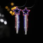 Mintolex 4th of July Star Tassel Earrings Patriotic Rhinestone Dangle Earrings for Women Boho Long Drop Crystal American Flag Jewelry for Independence Day, Hollow Star