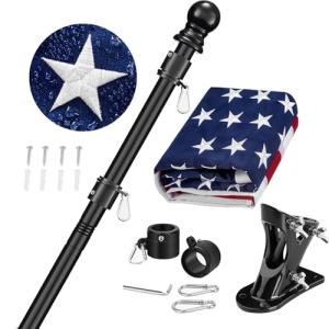 American Flag Pole Kit for House Outside - Black Metal Flagpole 6 FT with Tangle Free Design - 3x5 Embroidered US Flag, Holder Bracket, Ultra Durable Steel for Porch, Tree and More Residential