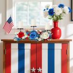 Mumufy 18. 5" Big Patriotic Table Centerpiece Decorations, 4th of July Candle Holder Red White and Blue Artificial Flower Wreath Ring USA American Flag Bow for Independence Memorial Day(Classic Style)