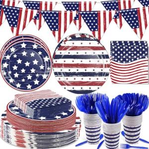 OuMuaMua Patriotic Party Supplies 184 Pcs American Flag Themed Tableware Set 4th of July Disposable Paper Plates Napkins Cups and Banner for Independence Day Memorial Day Party Decorations Serves 25