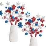 8 Pack 15" Large Patriotic Glitter Ball Centerpiece Stems, Independence Day Artificial Berry Stem Star Picks, 4th of July Red White Blue Pentagram Faux Berry Branch Sticks for Memorial Day Home Decor