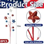 8 Pack 15" Large Patriotic Glitter Ball Centerpiece Stems, Independence Day Artificial Berry Stem Star Picks, 4th of July Red White Blue Pentagram Faux Berry Branch Sticks for Memorial Day Home Decor