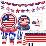 Lecheme 170 Pcs Patriotic American Flag Plates Napkins Cups Tablecloth Banner Red White Blue Party Supplies for Veterans Day, Memorial Day, Thank You Veterans Decorations Serve 24