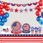 Lecheme 170 Pcs Patriotic American Flag Plates Napkins Cups Tablecloth Banner Red White Blue Party Supplies for Veterans Day, Memorial Day, Thank You Veterans Decorations Serve 24