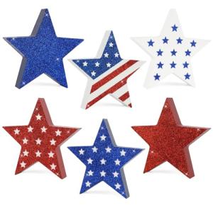 COCHIE 4th of July Decorations Wooden Star Set of 6, Labor Day Decor, Patriotic Memorial Day Tiered Tray Decor, Red White and Blue Veterans Day Decorations for Home Office Table Shelf (Sparkle)