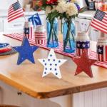 COCHIE 4th of July Decorations Wooden Star Set of 6, Labor Day Decor, Patriotic Memorial Day Tiered Tray Decor, Red White and Blue Veterans Day Decorations for Home Office Table Shelf (Sparkle)