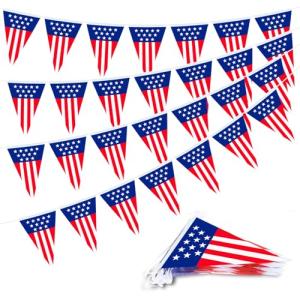 32.8 ft American Triangle Pennant Banner, 30 Pcs Mini USA Bunting Flags | Red, White, Blue Patriotic Flags for 4th of July, Independence Day, Memorial Day, Parades, Home, Yard, and Party Decorations