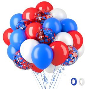 62Pcs 4th of July Balloons Set, 12 Inch Red White Blue Confetti Latex Balloons Kit with Ribbons, Party Balloons Kit for Independence Day Patriotic Anniversary Birthday Party Decorations