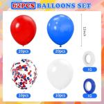 62Pcs 4th of July Balloons Set, 12 Inch Red White Blue Confetti Latex Balloons Kit with Ribbons, Party Balloons Kit for Independence Day Patriotic Anniversary Birthday Party Decorations