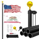 Ryzenthr 25 FT Flag Pole Kit for Outside, 14 Gauge Heavy Duty Flagpole Kit for Yard, Extra Thick Outdoor Flag Poles with 3x5 American Flag for Residential or Commercial (Black+Golden Sleek Ball Top, 2025 Upgraded Version)