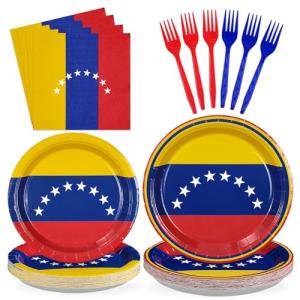 96 Pcs Venezuela Flag Party Decorations Disposable Venezuelan Flag Paper Plates and Napkins Venezuela National Tableware Set for Country Decoration Patriotic Festival Party Supplies, Serves 24