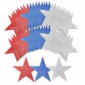 108 Pcs 6 Inch Patriotic Stars Cutouts 4th of July Cardboard Stars Cut-Outs Decorations for Independence Day Memorial Day Graduation Wall Decor Craft Supplies (Red, Blue, Silver)