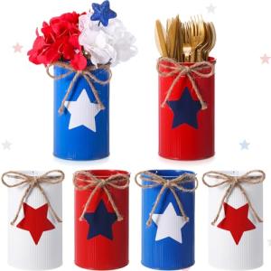 Domensi 6 Pcs Veterans Day Table Centerpieces Patriotic Vases Red White and Blue Decor Galvanized Metal Vases for Flowers Mason Jars Utensil Holder for Kitchen Home 4th of July Veterans Decorations