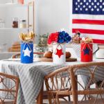 Domensi 6 Pcs Veterans Day Table Centerpieces Patriotic Vases Red White and Blue Decor Galvanized Metal Vases for Flowers Mason Jars Utensil Holder for Kitchen Home 4th of July Veterans Decorations