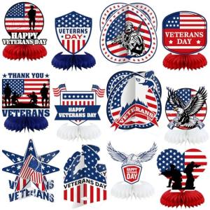 Weekgrat 12 Pcs Happy Veterans Day Table Decorations Veterans Day Honeycomb Centerpieces for Tables Patriotic Army Deployment Party Supplies 3D Double Sided Military Honeycomb Table Topper