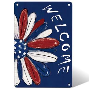 Patriotic 4th of July Garden Sing for Outside Decor, Memorial Day Floral Welcome Daisy Yard Outdoor Decoration 12"x 8"