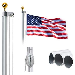WeValor 20FT Sectional Flag Pole Kit, 14 Gauge Extra Thick Heavy Duty Aluminum Outdoor In ground Flagpole for Residential or Commercial, Silver