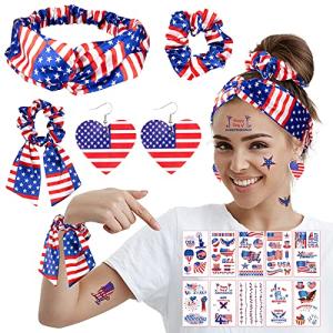 Whaline 4th of July Accessories Kit Party Decoration Patriotic American Flag Headband Hair Band Hair Scrunchies Earrings Temporary Tattoos Independence Day Gift Set for Women Girls 15pcs