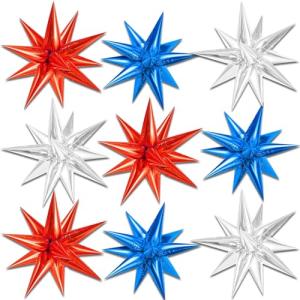 9Pcs 22In Red White and Blue Balloons,Independence Day American Explosion Spike Cone Stars Fireworks Foil Balloon Decorations 4th of July USA Patriotic Birthday Party Supplies for Memorial Day