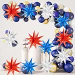 9Pcs 22In Red White and Blue Balloons,Independence Day American Explosion Spike Cone Stars Fireworks Foil Balloon Decorations 4th of July USA Patriotic Birthday Party Supplies for Memorial Day