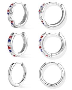 Inerney Sterling Silver Red White and Blue Earrings for Women, 4th of July Patriotic Earring USA American Flag Independence Day Outfit Accessories, 925 Dainty Small Huggie Hoops Jewelry Set Gift