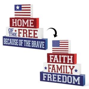 4th of July Decorations Table Sign Wood Patriotic Decorations Double-Sided Printed 4 Pcs, Independence Day Table Decorations Memorial Day Americana Tiered Tray Decor Rustic Farmhouse Block Sign Veterans Day for Party Home Desk