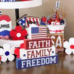 4th of July Decorations Table Sign Wood Patriotic Decorations Double-Sided Printed 4 Pcs, Independence Day Table Decorations Memorial Day Americana Tiered Tray Decor Rustic Farmhouse Block Sign Veterans Day for Party Home Desk