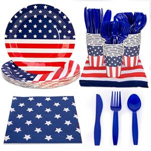 4th of July 144 Pcs Patriotic Party Supplies Dinnerware Set of 24 Plates,24 Napkins,24Paper Cups and 72 Plastic Utensils for 4th of July Celebration,Memorial Day,Patriotic Party Decoration(Serves 24)