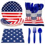 4th of July 144 Pcs Patriotic Party Supplies Dinnerware Set of 24 Plates,24 Napkins,24Paper Cups and 72 Plastic Utensils for 4th of July Celebration,Memorial Day,Patriotic Party Decoration(Serves 24)