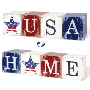 COCHIE 4th of July Decorations Wooden Stars, Patriotic Memorial Day Star Tiered Tray Decor Set of 4, Fourth of July Red White Blue Decoration for Home Office Table Shelf (USA Home Sign)