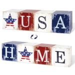 COCHIE 4th of July Decorations Wooden Stars, Patriotic Memorial Day Star Tiered Tray Decor Set of 4, Fourth of July Red White Blue Decoration for Home Office Table Shelf (USA Home Sign)